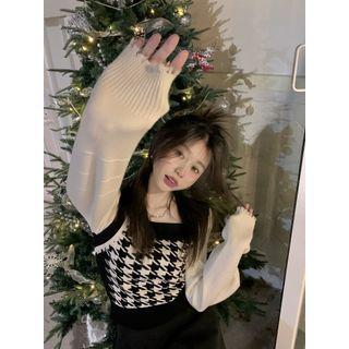Mock Two-piece Square-neck Houndstooth Long-sleeve Knit Top Almond & Black - One Size