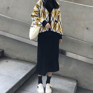 Set: Midi Dress + Argyle Cardigan