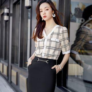 Puff-sleeve Plaid Blouse / Pencil Skirt