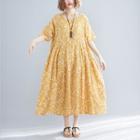 Short-sleeve Midi Floral Dress Yellow - One Size