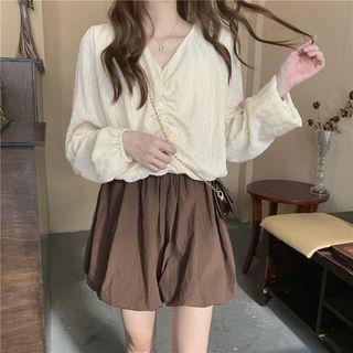 Puff-sleeve V-neck Ruched Shirt / High-waist Plain A-line Shorts