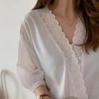Eyelet Lace Trim V-neck Elbow-sleeve Blouse