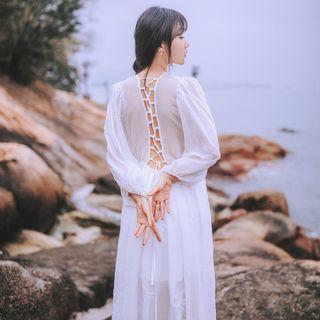 3/4-sleeve Embroidered Maxi Chiffon Dress
