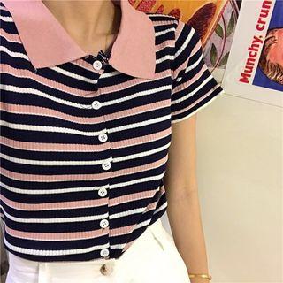 Striped Collared Short-sleeve Knit Top As Shown In Figure - One Size