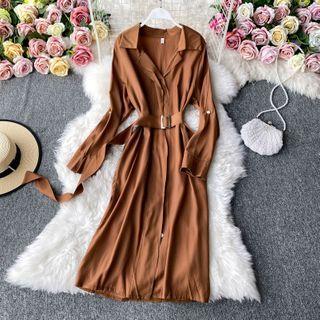 Belted Lapel Long-sleeve Shirtdress