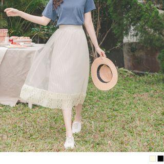 Lace Trim Mesh Pleated A-line Skirt
