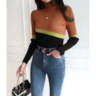 High-neck Color-block Ribbed Knit Top