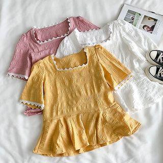 Color-block Square-neck Short-sleeve Blouse