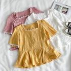 Color-block Square-neck Short-sleeve Blouse
