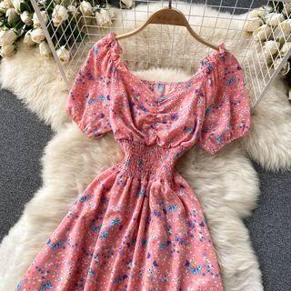Puff-sleeve V-neck Floral Print Midi Dress