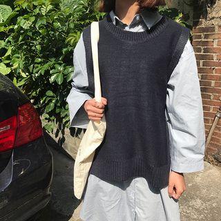 Plain Shirtdress / Side Slit Knit Vest