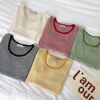 Striped Short-sleeve Slim-fit Knit Top