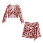 V-neck Twisted Floral Print Blouse / Mini A-line Skort