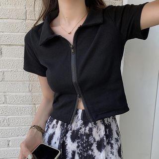 Short-sleeve Zip-up Polo Knit Top