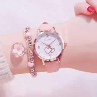 Set : Faux Leather Heart Print Strap Watch + Beaded Bracelet