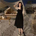 Mock Two-piece Puff-sleeve Dotted Midi Dress Black & White - One Size
