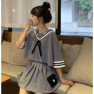 Set: Short-sleeve Sailor Collar Top + Mini Pleated Skirt