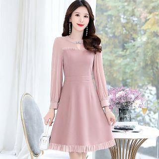 Ruffle Trim Mesh Panel Long-sleeve Mini A-line Dress