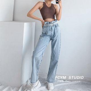 Details Washed Straight-cut Jeans With Belt