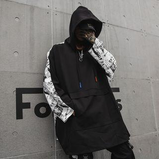 Print Panel Long Hoodie Black - One Size