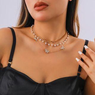 Set Of 3: Butterfly Rhinestone Alloy Necklace + Faux Pearl Alloy Choker + Alloy Choker