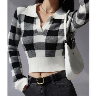 Long-sleeve Color Block Plaid Knit Top