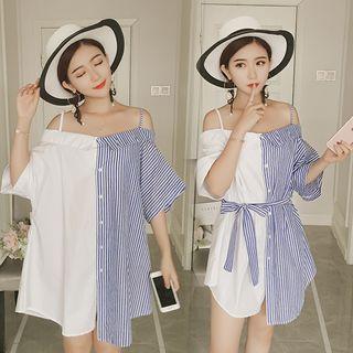 Contrast Panel Off-shoulder Shirt Dress