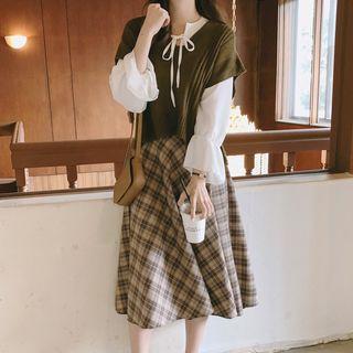 Bell Sleeve Blouse / Pleated Midi Skirt / Knit Vest