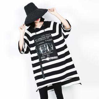 Elbow-sleeve Striped Hooded Knit Tunic Stripe - One Size