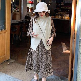 Turtleneck Knitted Vest / Floral Midi Dress