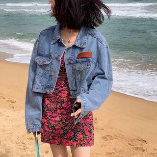 Single-breasted Cropped Denim Jacket Blue - One Size