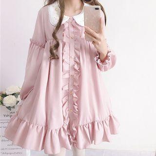 Long-sleeve Buttoned Ruffled Mini A-line Dress As Shown In Figure - One Size