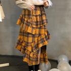 Long-sleeve Mock-neck T-shirt / Plaid Frill-trim Midi Skirt