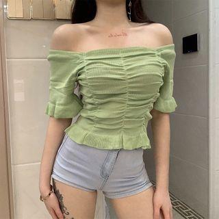 Short-sleeve Off-shoulder Frill Trim Knit Crop Top