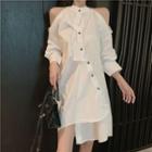 Cold Shoulder Long-sleeve Shirt Dress As Shown In Figure - One Size