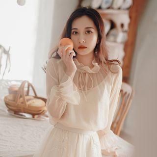 Set: Long-sleeve Tie-neck Chiffon Top + Camisole Top