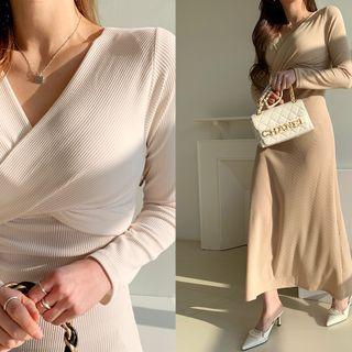 Knot-front Flared Long Rib-knit Dress
