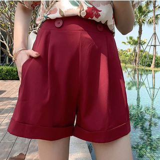 Plain Button-back High-waist Short Wide-leg Jeans