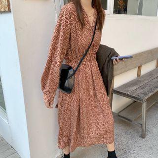 Long-sleeve V-neck Floral Printed Midi Skirt Tangerine - One Size