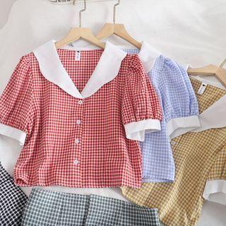 Short-sleeve Plaid Contrast Collar Buttoned Top