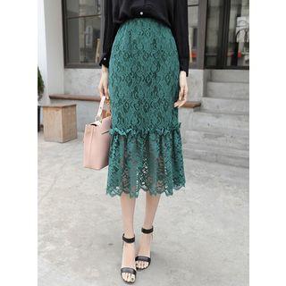 Lace-overlay Ruffle-hem Long Skirt