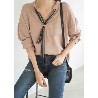 Tall Size Open-placket Scarf Trim Shirt