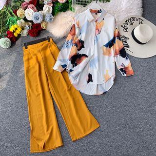 Set: Printed Long-sleeve Chiffon Shirt + Wide-leg Pants