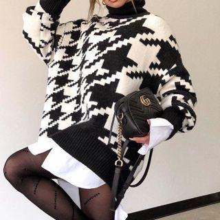 Plaid Print Mock-neck Long-sleeve Knit Sweater