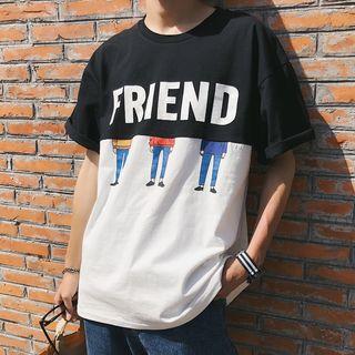 Elbow-sleeve Colour Block Lettering T-shirt