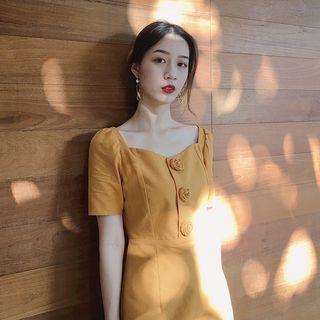 Rose Square-neck Short-sleeve Dress