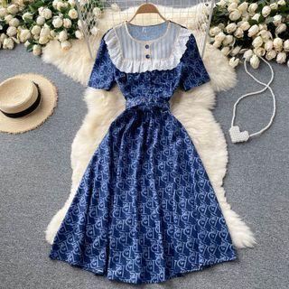 Ruffle Color Block Panel Print Short-sleeve Dress