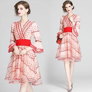 Dotted Bell-sleeve A-line Mesh Dress
