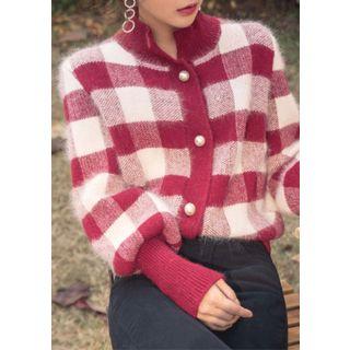 Checked Fluffy Knit Cardigan