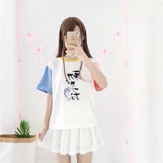 Short-sleeve Color Block Shark Print T-shirt
